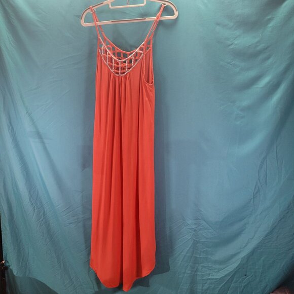 Sleeveless Orange Maxi Dress With Lattice Neckline By Skemo Size M 100% Rayon - Picture 1 of 11
